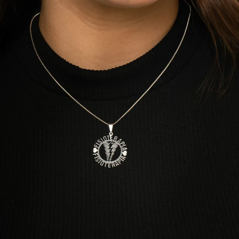 CORRENTE VENEZIANA COM MANDALA PROFISSÃO FISIOTERAPIA RESINADA E APLICAÇÃO DE RÓDIO BRANCO  - BANHADO A PRATA 925