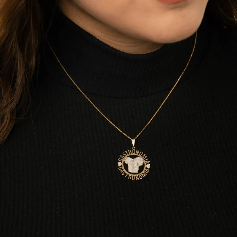 CORRENTE VENEZIANA COM MANDALA PROFISSÃO GASTRONOMIA COM APLICAÇÃO DE RÓDIO BRANCO  - BANHADO A OURO 18K