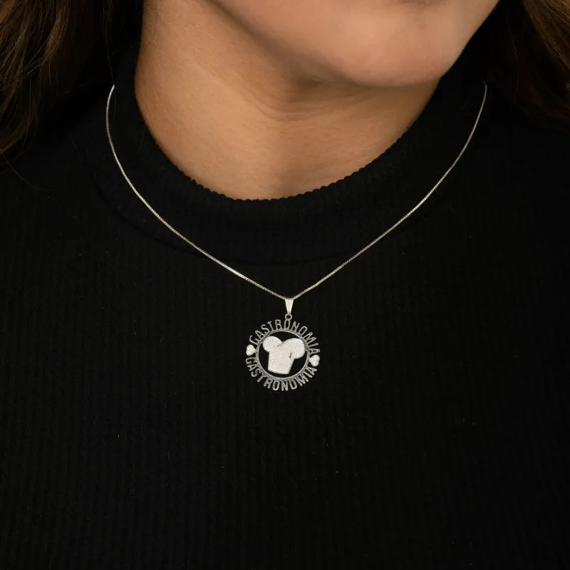 CORRENTE VENEZIANA COM MANDALA PROFISSÃO GASTRONOMIA COM APLICAÇÃO DE RÓDIO BRANCO  - BANHADO A PRATA 925