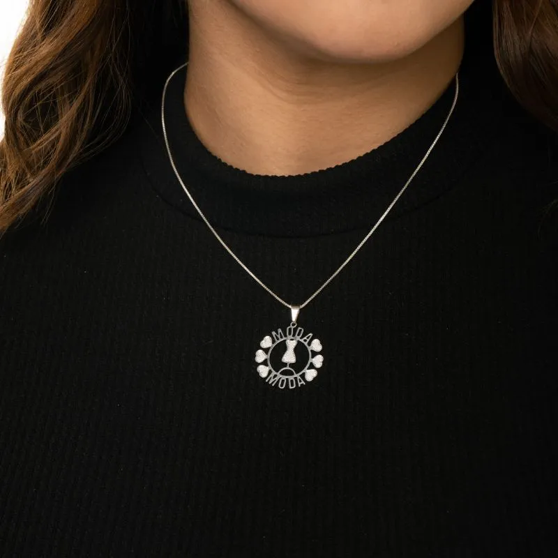 CORRENTE VENEZIANA COM MANDALA PROFISSÃO MODA COM APLICAÇÃO DE RÓDIO BRANCO  - BANHADO A PRATA 925