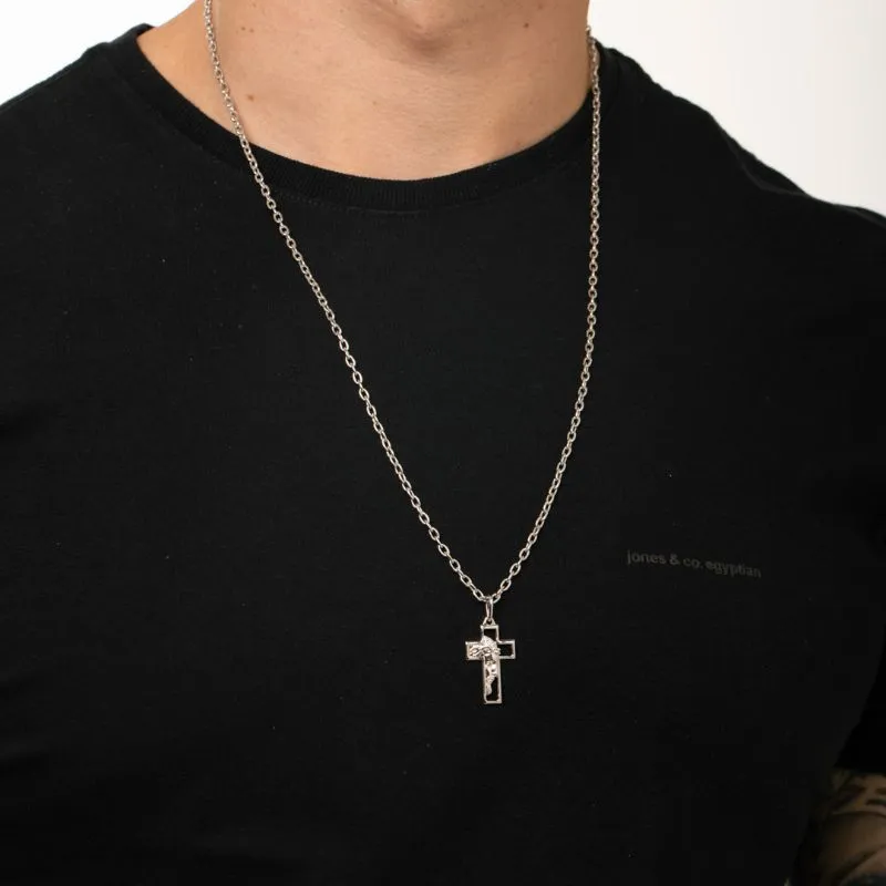 PINGENTE CRUCIFIXO MÉDIO COM  JESUS CRISTO CRUCIFICADO - BANHADO A RÓDIO BRANCO