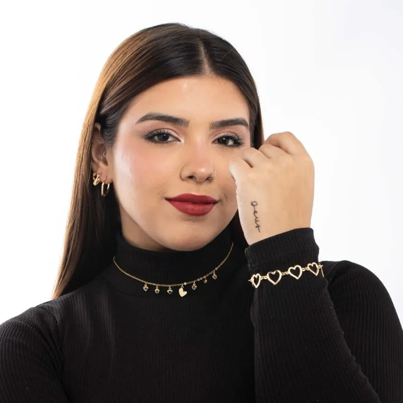 PULSEIRA CORAÇÕES VAZADOS TORTO COM EXTENSOR - BANHADO A OURO 18K