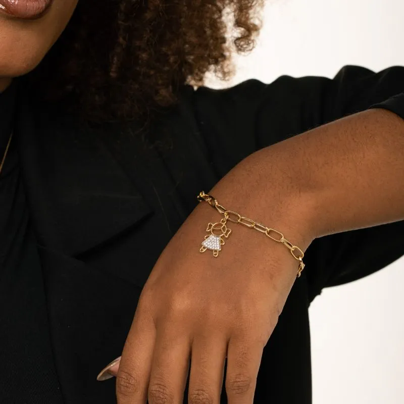 PULSEIRA ELO CARTHIE LARGO COM 1 MENINA CRAVEJADA ZIRCÔNIA CRISTAL  - BANHADO A OURO 18K