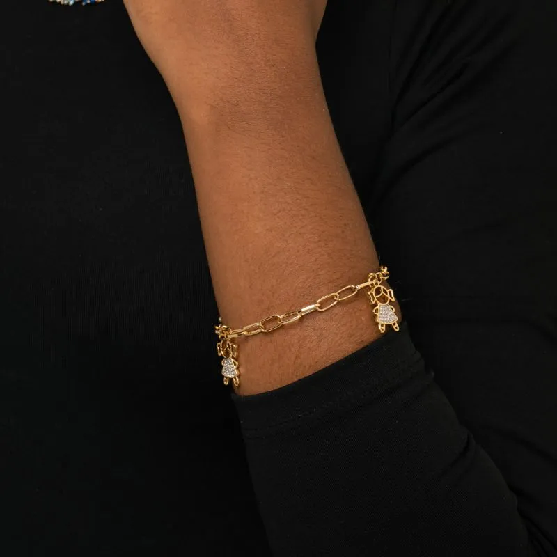 PULSEIRA ELO CARTHIE LARGO COM 2 MENINA CRAVEJADA ZIRCÔNIA CRISTAL- BANHADO A OURO 18K