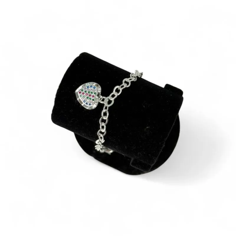 PULSEIRA ELO GRUMET LARGO COM CORAÇÃO CRAVEJADO COLORIDO -  BANHADO A PRATA 925