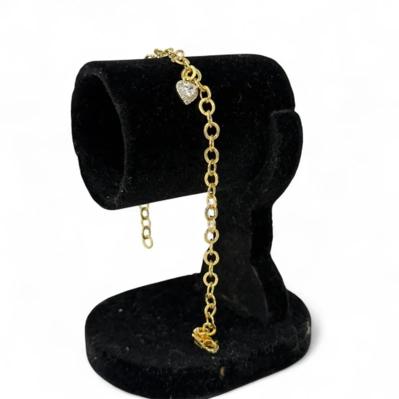 PULSEIRA ELO GRUMET LARGO COM PONTO DE LUZ CRISTAL CORAÇÃO-  BANHADO A OURO 18K