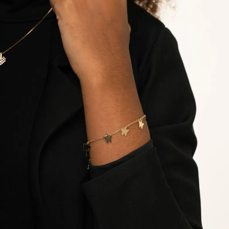 PULSEIRA ELO PORTUGUES FINO COM PENDURICALHO BORBOLETA CHEIA LISA - BANHADO A OURO 18K