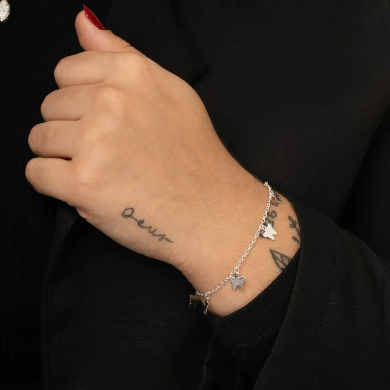 PULSEIRA ELO PORTUGUES FINO COM PENDURICALHO BORBOLETA CHEIA LISA - BANHADO A PRATA 925