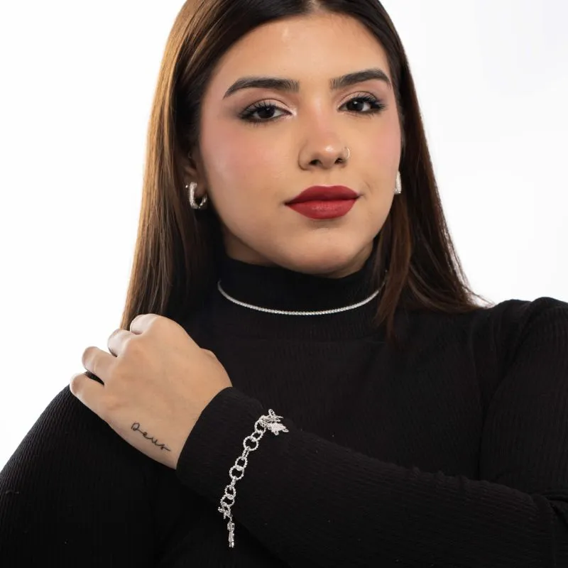 PULSEIRA ELO REDONDO TRABALHADO COM 2 MENINA CRAVEJADA ZIRCÔNIA CRISTAL- BANHADO A PRATA 925