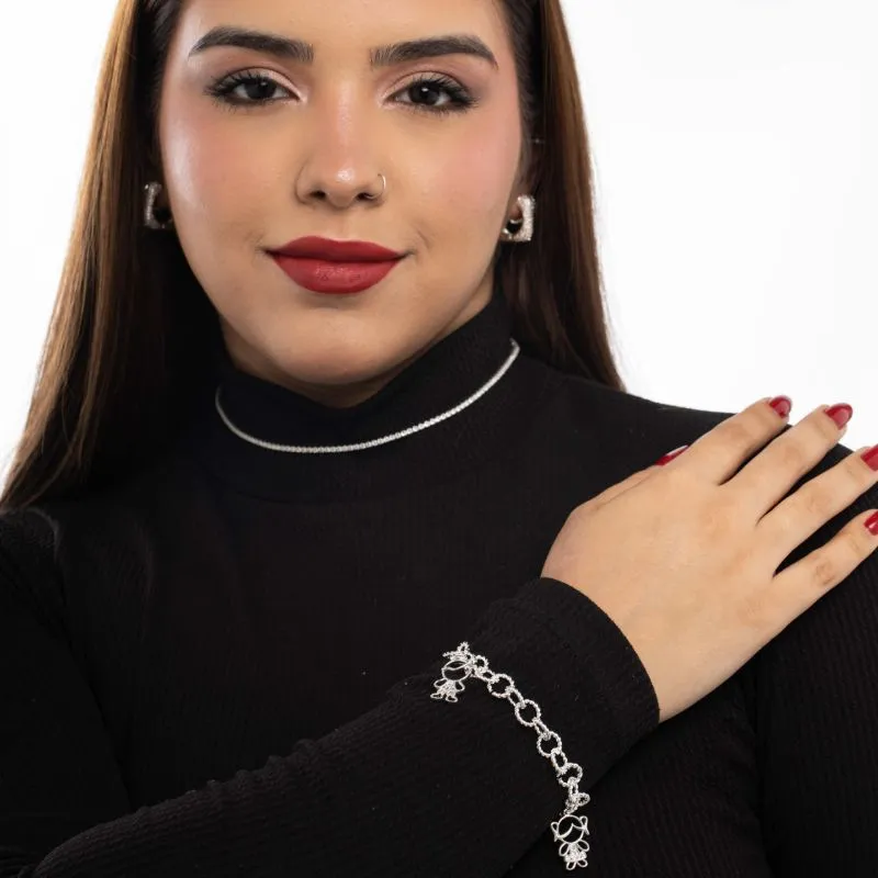 PULSEIRA ELO REDONDO TRABALHADO COM CASAL CRAVEJADA ZIRCÔNIA CRISTAL- BANHADO A PRATA 925