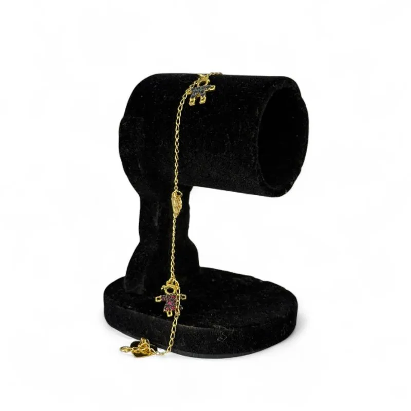 PULSEIRA GRUMET COM CORAÇÃO LISO E CASAL COM ZIRCONIA COLORIDA AZUL E PINK - BANHADO A OURO 18K