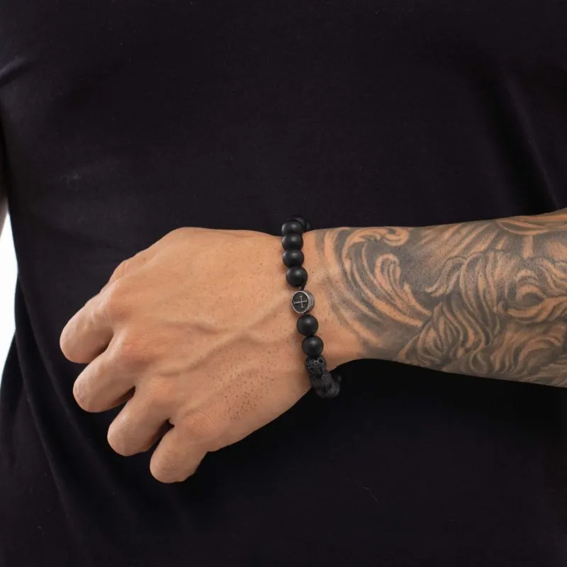 PULSEIRA MASCULINA BOLINHAS VULCÂNICAS FOSCA COM ADORNOS E PINGENTE ANCORA ,BOLINHA MARMORIZADA CRISTAL