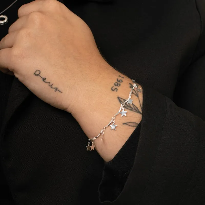 PULSEIRA PALITO COM PENDURICALHO ESTRELA CHEIA LISO COM EXTENSOR  - BANHADO A PRATA 925