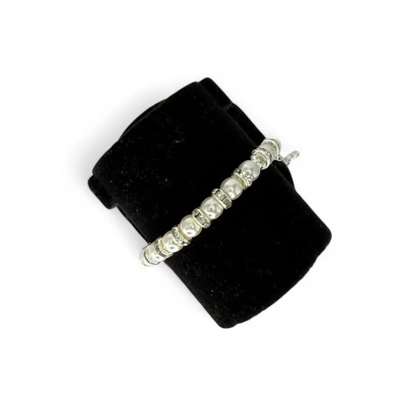 PULSEIRA PÉROLA E ARCO COM ZIRCONIA CRISTAL E EXTENSOR - BANHADO A PRATA 925