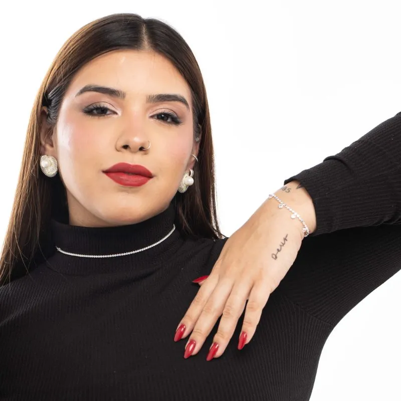 PULSEIRA PONTILHADA LISA COM PENDURICALHO PONTO DE LUZ ZIRCONIA CRISTAL COM EXTENSOR - BANHADO A PRATA 925