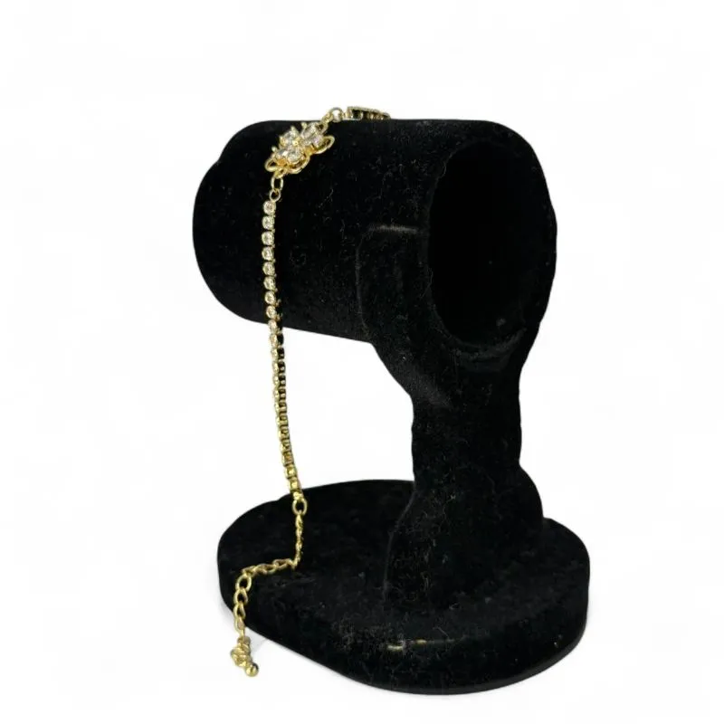 PULSEIRA RIVIERA ZIRCONIA CRISTAL REDONDA COM FLOR CENTRAL E EXTENSOR  - BANHADO A OURO 18K