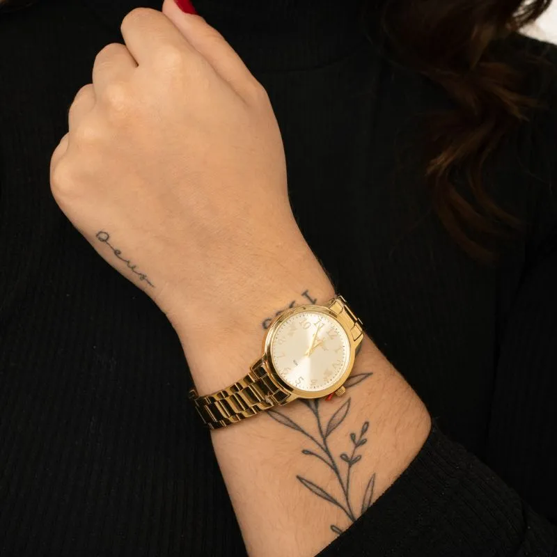 RELÓGIO CONDOR FEMININO DOURADO REDONDO COM FUNDO DOURADO DE BORBOLETA PULSEIRA EM AÇO COM BRINDE CONJUNTO DE BRINCO E COLAR  - COR DOURADO