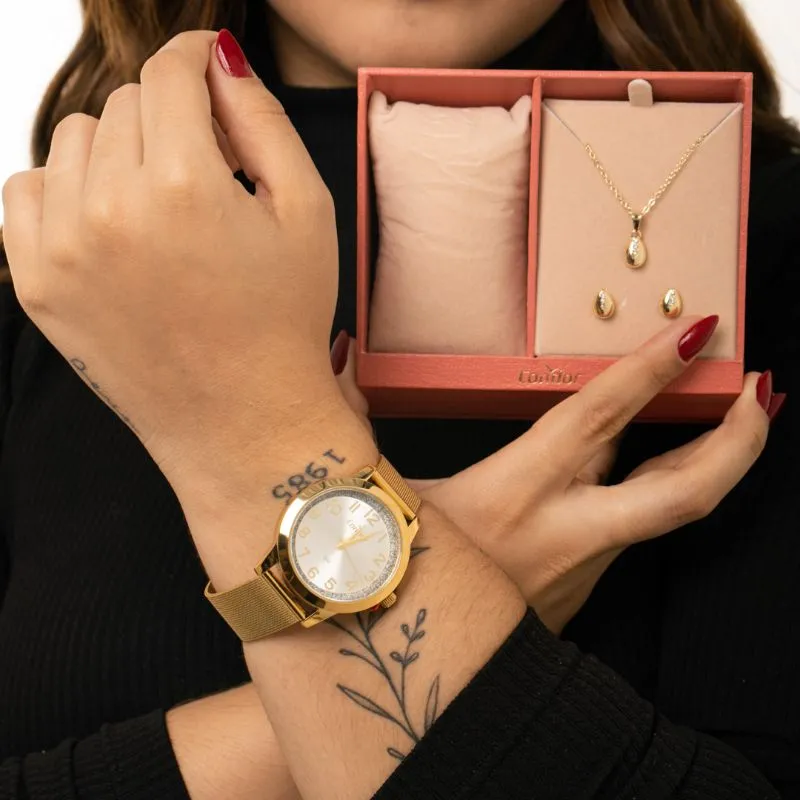 RELÓGIO CONDOR FEMININO DOURADO REDONDO COM FUNDO PÉROLA E GLITER PULSEIRA EM AÇO ESTEIRA   - COR DOURADO