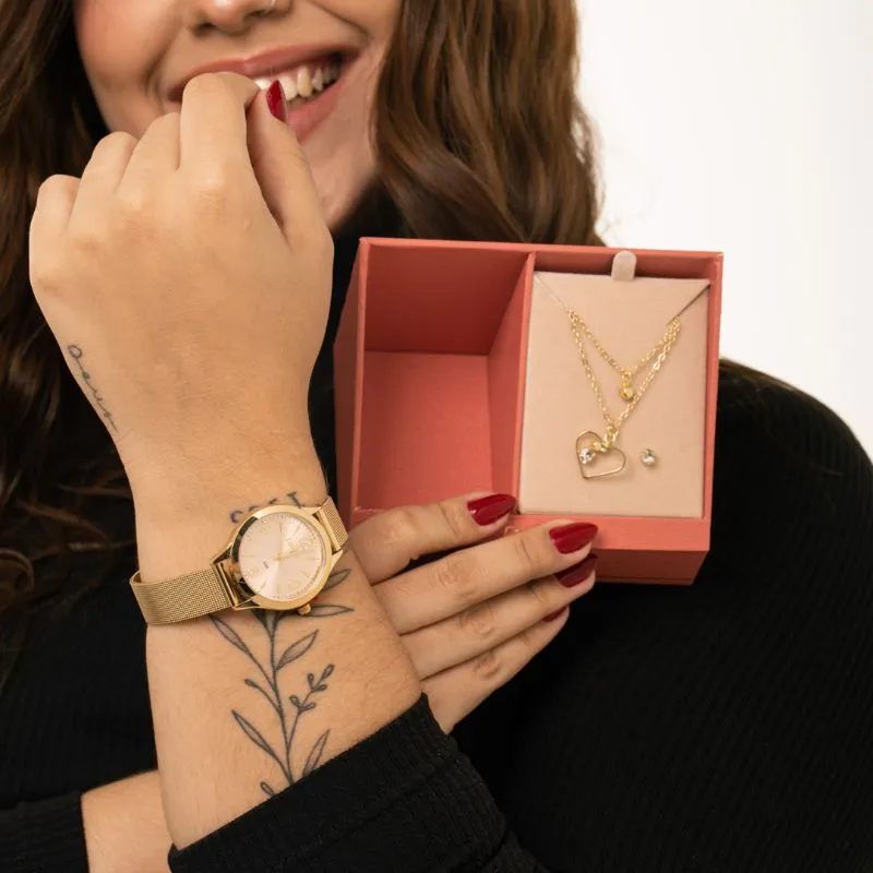 RELÓGIO CONDOR FEMININO DOURADO REDONDO COM FUNDO ROSÉ E DETALHES PULSEIRA EM AÇO ESTEIRA COM BRINDE CONJUNTO DE BRINCO E COLAR  - COR DOURADO