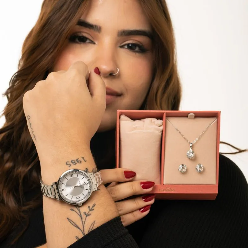 RELOGIO CONDOR FEMININO PRATA PULSEIRA BLOCO COM FUNDO PRATA DEGRADE  E LATERAL COM BRILHO ACOMPANHA ACESSORIO CORRENTE E BRINCO C02035NFA/K4K - COR AÇO PRATA