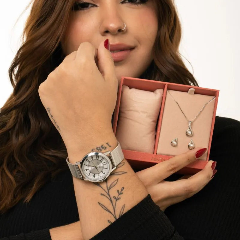 RELÓGIO CONDOR FEMININO PRATA REDONDO COM FUNDO PÉROLA E PULSEIRA EM AÇO ESTEIRA  COM BRINDE CONJUNTO DE BRINCO E COLAR  - COR PRATA