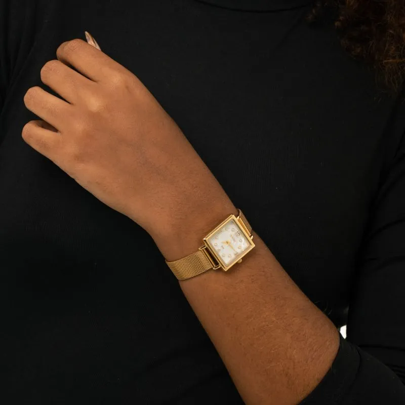 RELÓGIO CONDOR FEMININO QUADRADO DOURADO PULSEIRA EM AÇO ESTEIRA  INTERIOR MADREPÉROLA COM MINI PÉROLAS - COR DOURADO