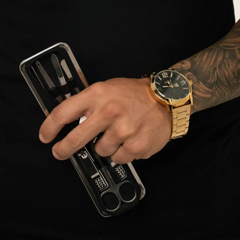 RELÓGIO CONDOR MASCULINO DOURADO REDONDO COM FUNDO PRETO E PULSEIRA EM AÇO COM BRINDE - COR OURO