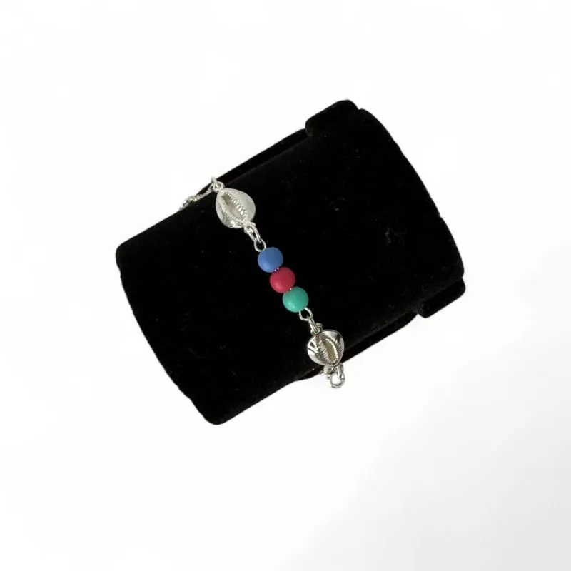 TORNOZELEIRA ELO GRUMET BUZIOS COM BOLINHAS COLORIDAS  E EXTENSOR - BANHADO A PRATA 925