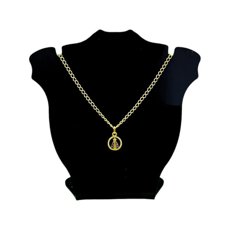 TORNOZELEIRA ELO GRUMET FINO COM NOSSA SENHORA REDONDA CRAVEJADA - BANHADO A OURO 18K