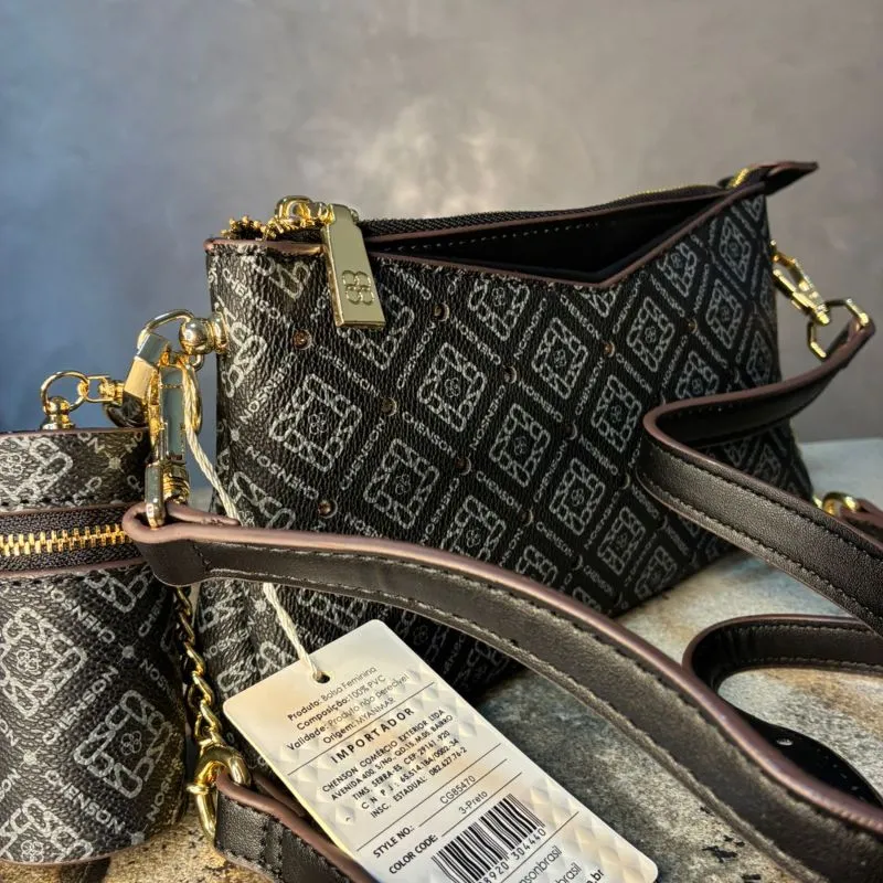 BOLSA PRETA MONOGRAMA COM ZIRCÔNIA + ALÇA REMOVIVEL E CHAVEIRO COPINHO CHENSON