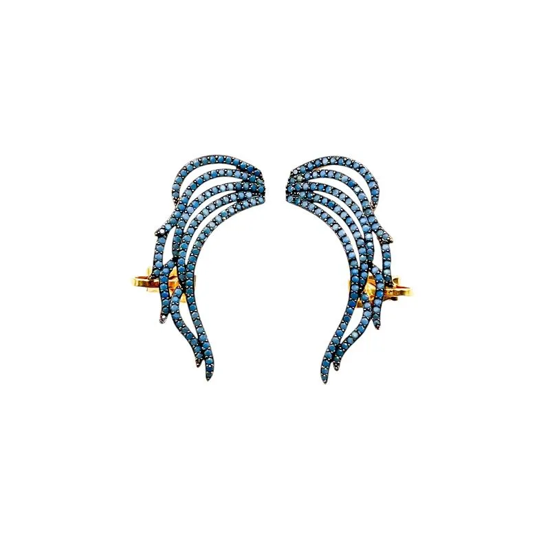 BRINCO FESTA ASA CRAVEJADO DE ZIRCONIA AZUL TURMALINA - BANHADO A OURO 18K