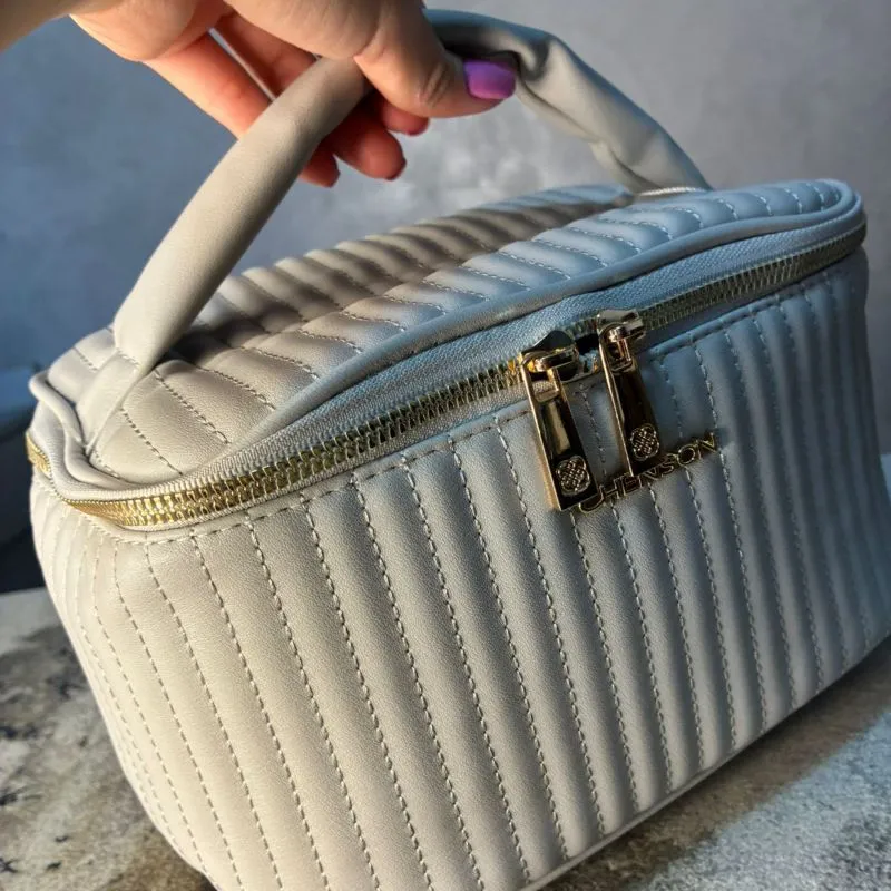 NECESSAIRE QUADRADA CINZA LISTRADA CHENSON