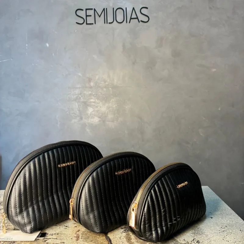 NECESSAIRE TRIPLA PEQUENA MÉDIA E GRANDE PRETA LISTRADA CHENSON