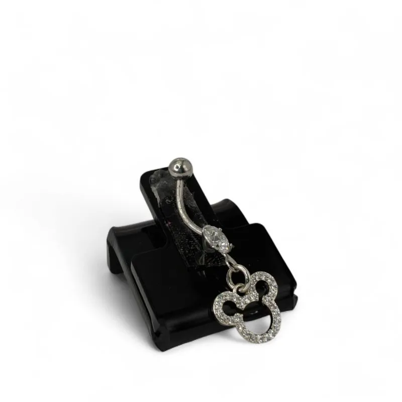 PIERCING DE UMBIGO BASE BOLINHA COM PENDURICALHO MICKEY ZIRCONIA CRISTAL  -  BANHADO A RÓDIO BRANCO