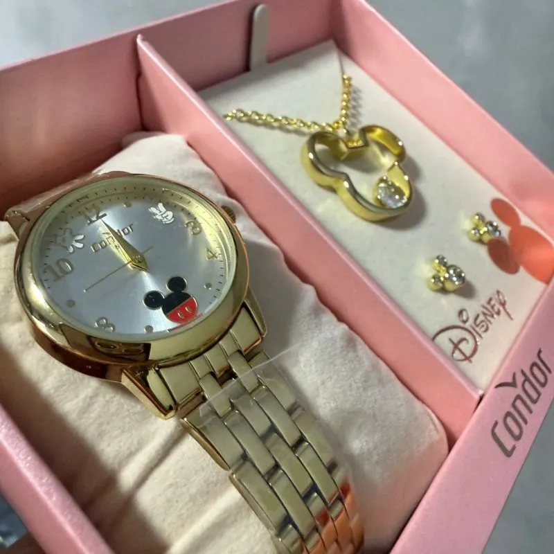 RELOGIO CONDOR FEMININO LINHA DISNEY DOURADO COM FUNDO MIKEY ACOMPANHA ACESSORIOS CORRENTE E BRINCO PERSONAGEM - COR AÇO DOURADO