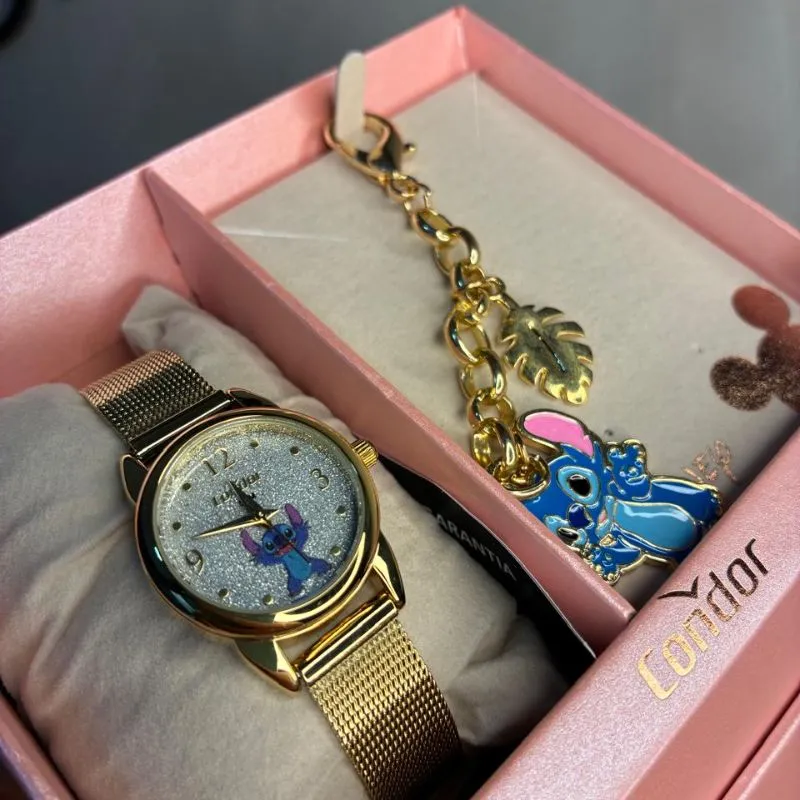 RELOGIO CONDOR FEMININO LINHA DISNEY DOURADO PULSEIRA ESTEIRA COM FUNDO DESENHO STITCH E GLITER  CO2035NXF/K4K  - COR AÇO PRATA