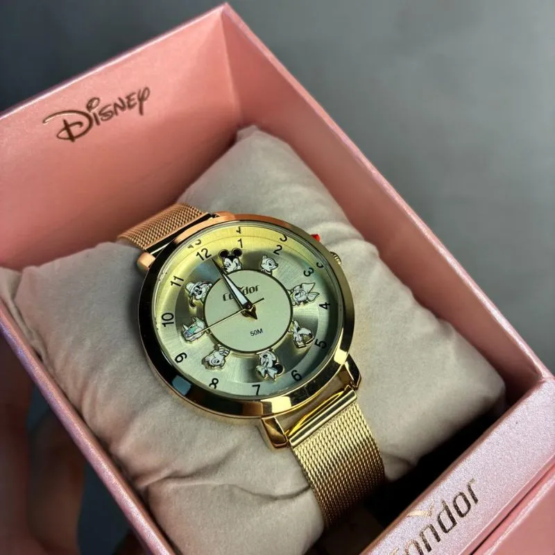RELOGIO CONDOR FEMININO PULSEIRA ESTEIRA LINHA DISNEY DOURADO COM FUNDO MIKEY E SUA TURMA   - COR AÇO DOURADO