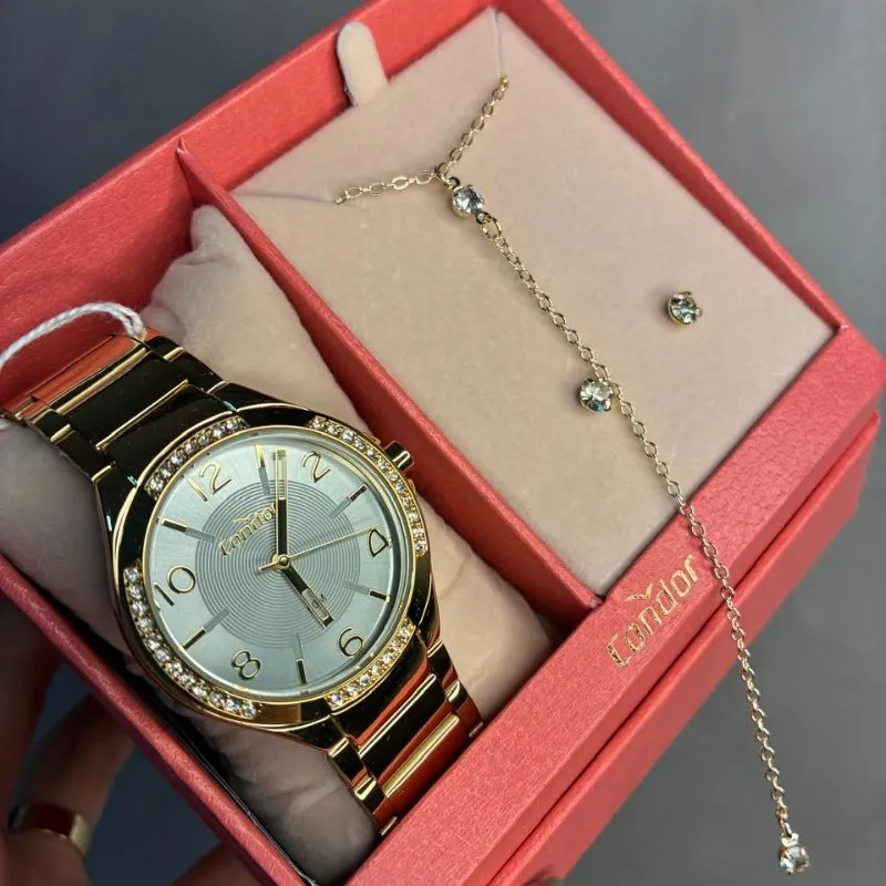 RELOGIO CONDOR FEMININO PULSEIRA GOMO LATERAL EM ZIRCÔNIA CRISTAL E FUNDO METÁLICO - ACOMPANHA CONJUNTO DE BRINCO E CORRENTE  CO2035NBR/K4C- COR AÇO DOURADO