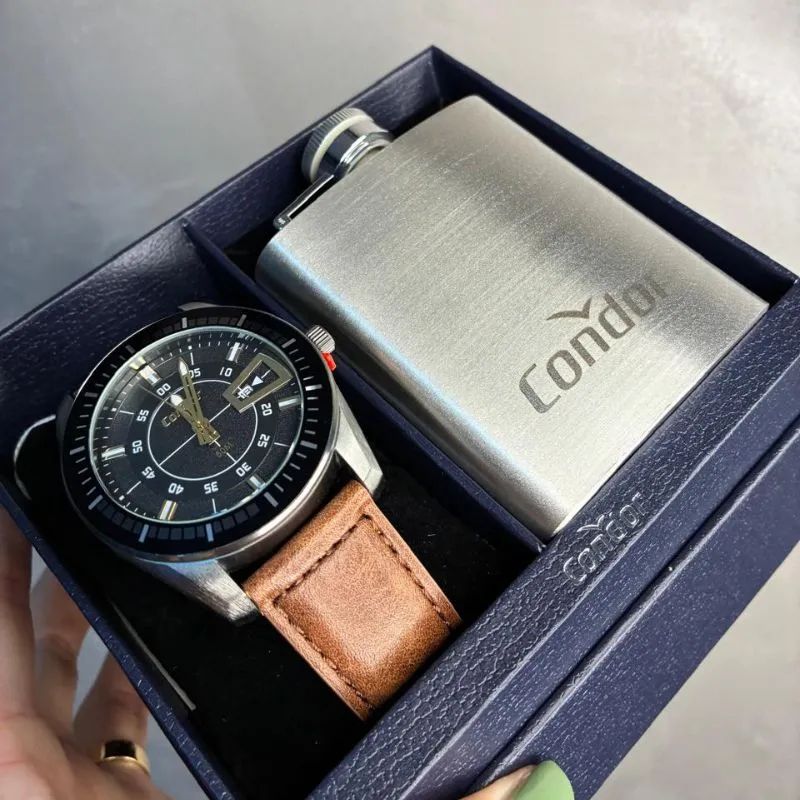 RELOGIO CONDOR MASCULINO PULSEIRA COURO MARROM LATERAL PRETO E FUNDO GRAFITE - ACOMPANHA MINI GARRAFA DE BRINDE- CO2117BW/K5F/- COR AÇO GRAFITE/COURO