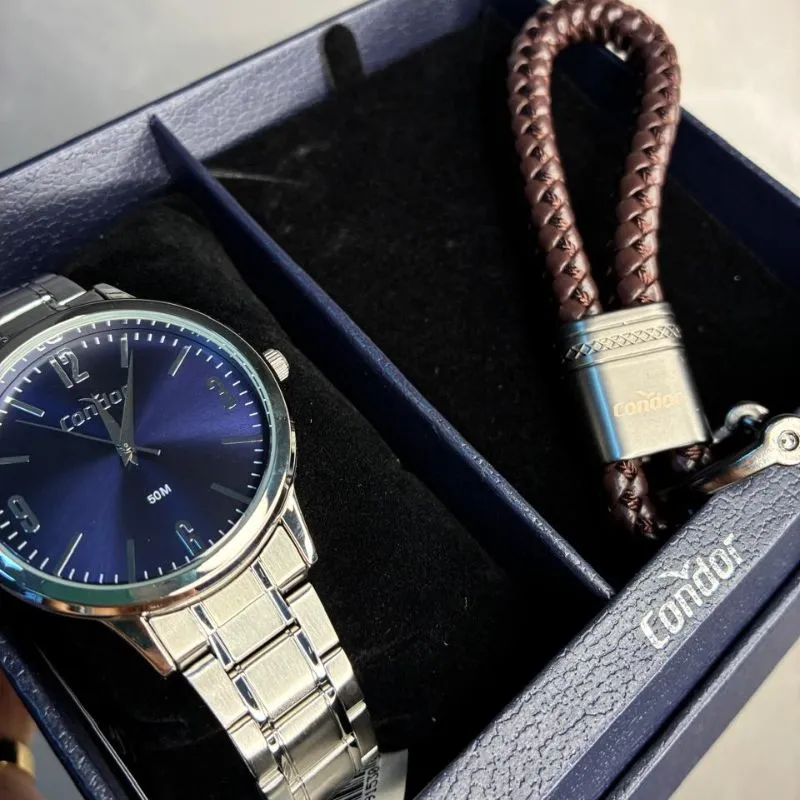RELOGIO CONDOR MASCULINO PULSEIRA GOMO LATERAL E FUNDO METÁLICO AZUL - ACOMPANHA CHAVEIRO BRINDE- CO2035OBL/K4K- COR AÇO PRATA