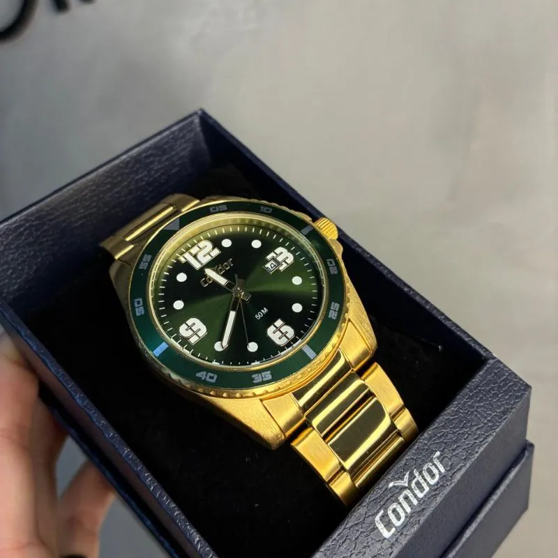 RELOGIO CONDOR MASCULINO PULSEIRA GOMO LATERAL E FUNDO METÁLICO VERDE - CO2115NAD/4V/K4J- COR AÇO DOURADO