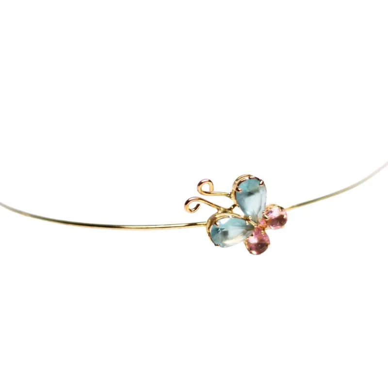 TIARA BORBOLETA AZUL E ROSE DE FERRO - BANHADO A OURO 18K