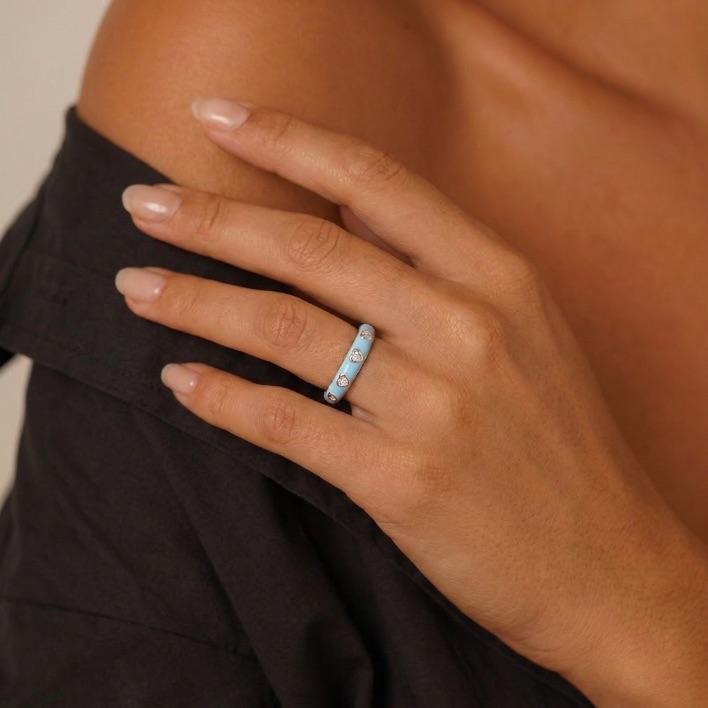 ANEL AZUL BEBE ESMALTADO COM ZIRCONIA Nª14- BANHADO A RÓDIO BRANCO