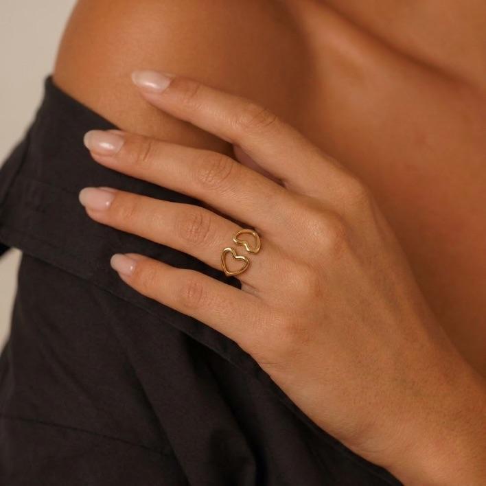 ANEL REGULAVEL CORAÇÃO LISO + ARO COM CORAÇÃO LISO - BANHADO A OURO 18K