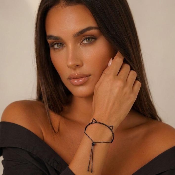 BRACELETE ORELHA DE GATO  -BANHADO A RÓDIO NEGRO