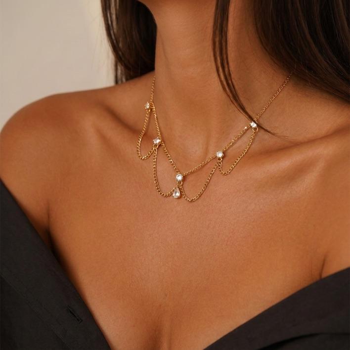 CORRENTE ELO PORTUGUES FINO INDIANA COM PONTO DE LUZ CRISTAL COM EXTENSOR- BANHADO A OURO 18K