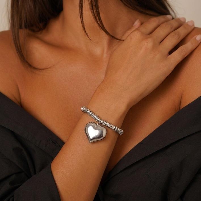 PULSEIRA ELO PORTUGUÊS COM AROS LISOS E CORAÇÃO MEDIO PENDURADO COM EXTENSOR- BANHADO A RÓDIO BRANCO