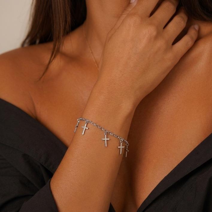 PULSEIRA ELO PORTUGUÊS FINO COM CRUZ PENDURADA COM EXTENSOR- BANHADO A RÓDIO BRANCO