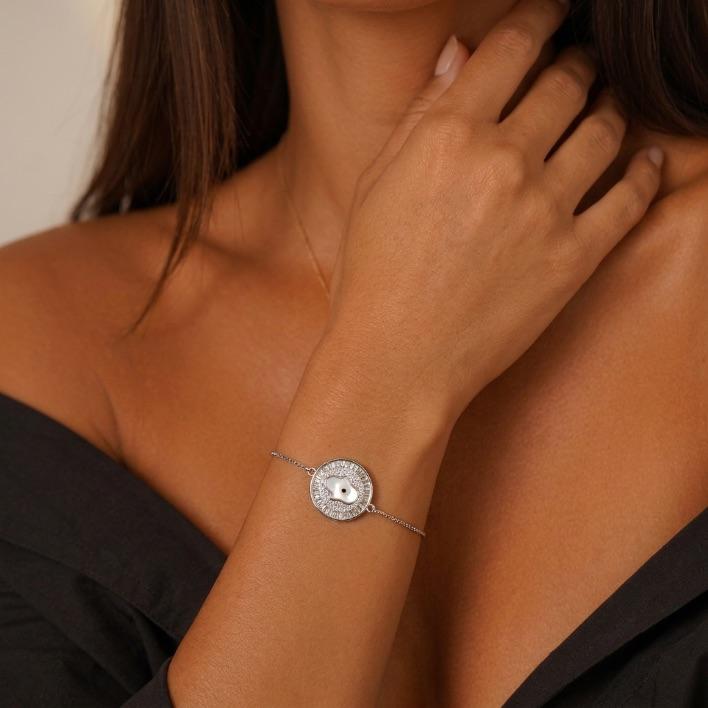 PULSEIRA MANDALA MÃO DE FATIMA COM NAVETE E MADRE PÉROLA GRAVATINHA - BANHADO A RÓDIO BRANCO