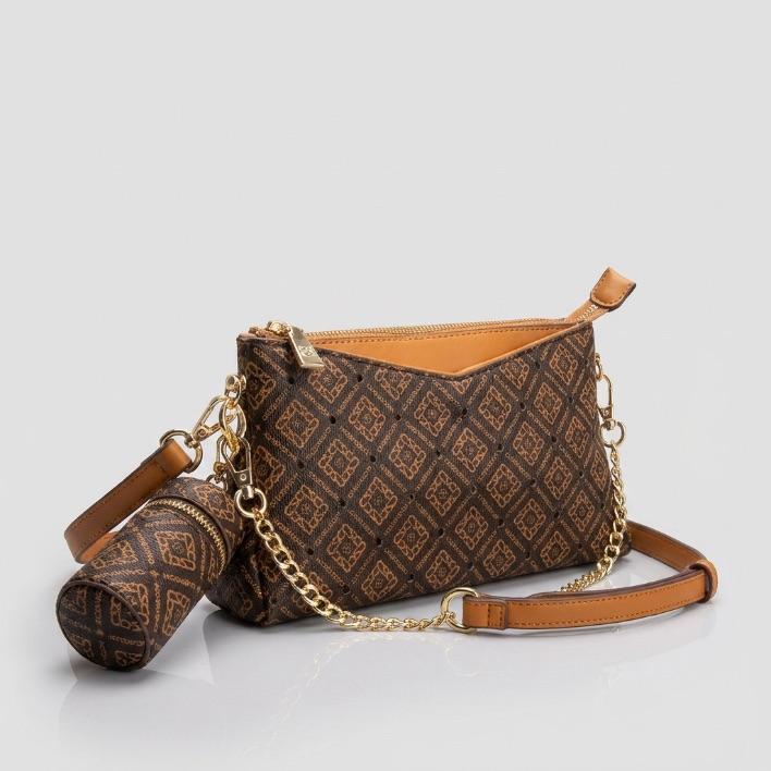 BOLSA MARROM E CARAMELO MONOGRAMA COM ZIRCÔNIA + ALÇA REMOVIVEL E CHAVEIRO COPINHO CHENSON